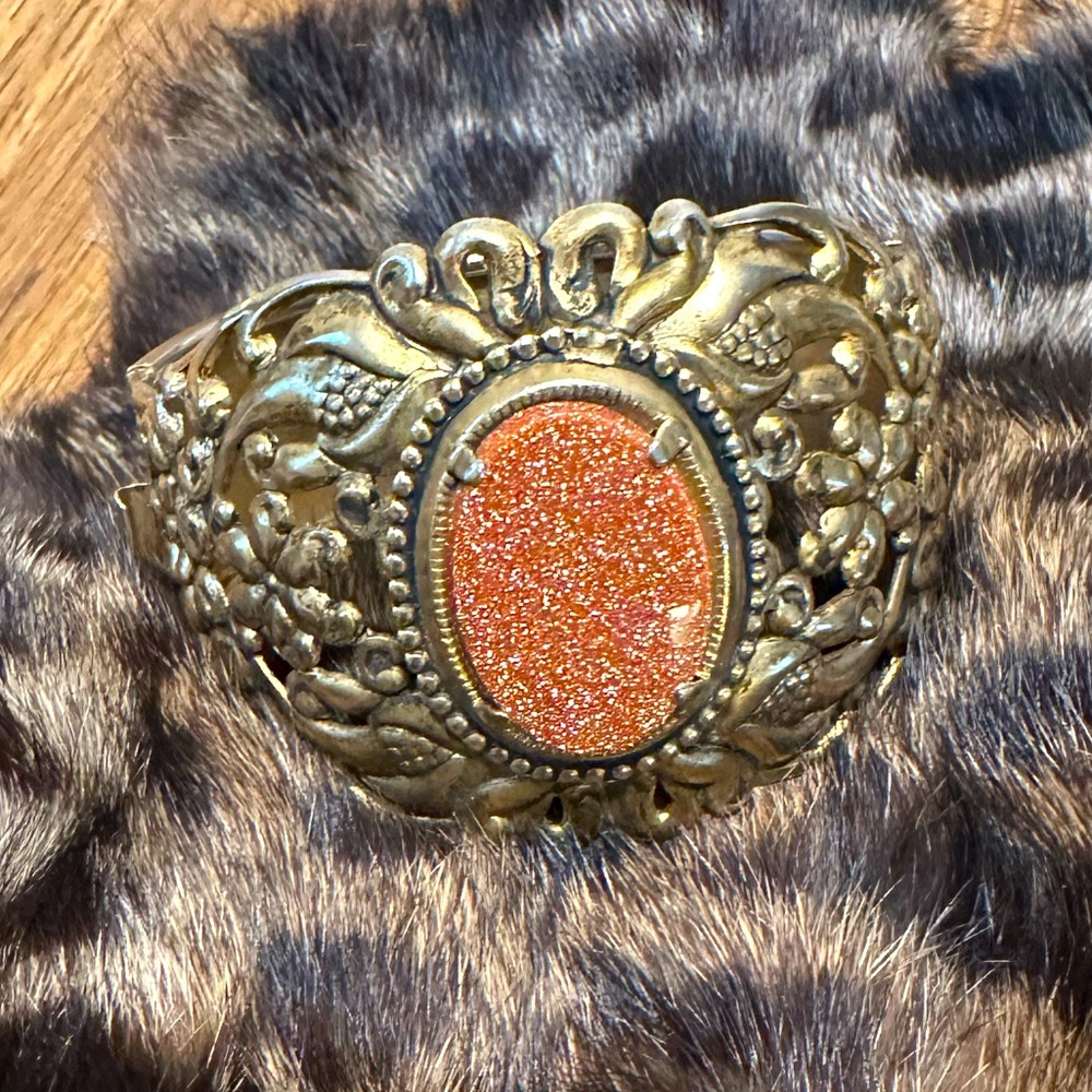 Ornate Antique Brass Cuff With Goldstone Gem - image 1